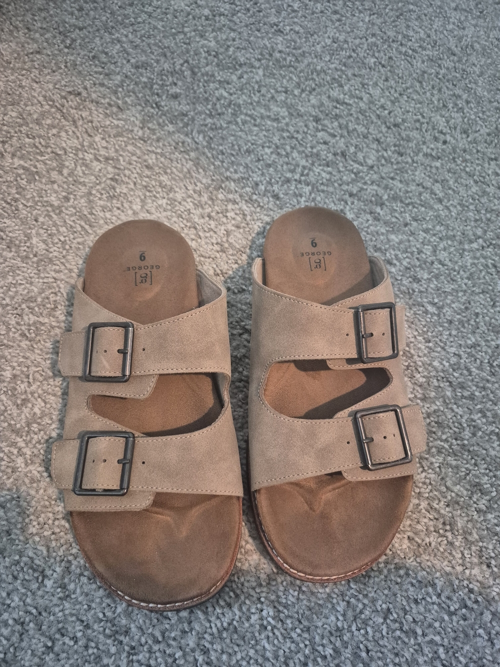 George Men's Double-Buckle Suede Slide Sandals in Taupe